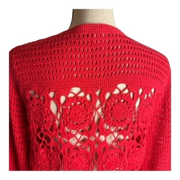 Vintage Liz Claiborne New York Red Crochet Knitted Cardigan Size L - Picture 6 of 8
